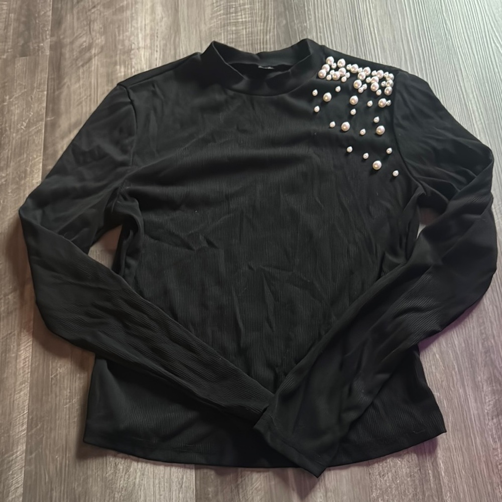 Black Long Sleeve Top with Pearl Embellishments